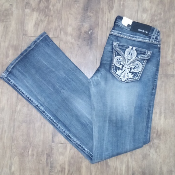 Grace in LA Women's 27 Boot Cut Embellished Rhinestones Dark Fade Distressed NWT - Picture 6 of 8